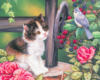 Схема вышивки «Котенок, птичка и цветы»