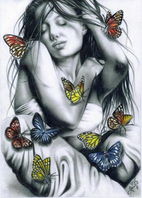 Девушка с бабочками, девушка, бабочки
