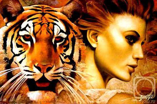 Тигрица, портрет, женщина, тигр
