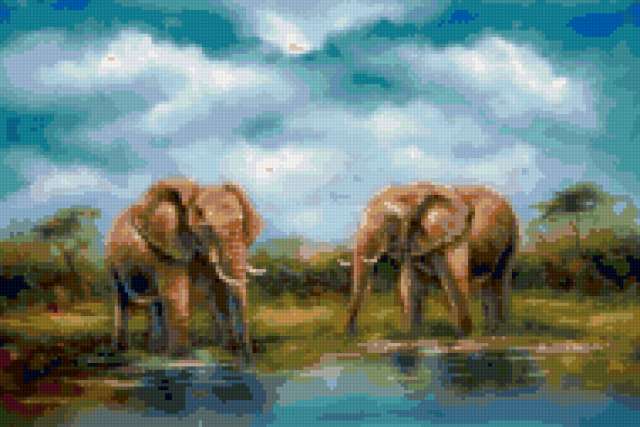 Слоны на водопое, животные