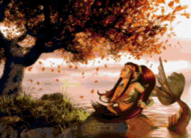 Русалка под деревом, фэнтези, девушка, русалка, камень, вода, дерево