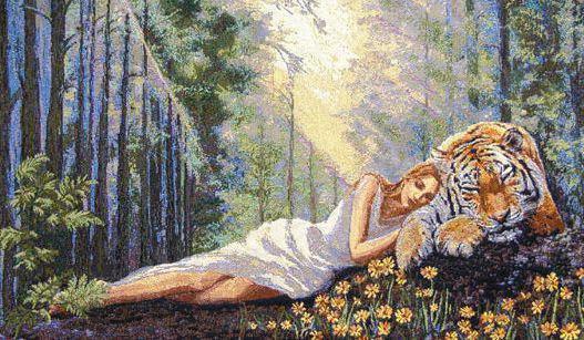 Летние грезы, лето, природа, девушка, сон, тигр