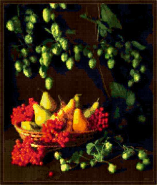 Натюрморт с хмелем и фруктами, картина, натюрморт, флора, цветы, фрукты, плоды, ягоды, букет, ваза, корзина, лукошко, груши, калина, хмель