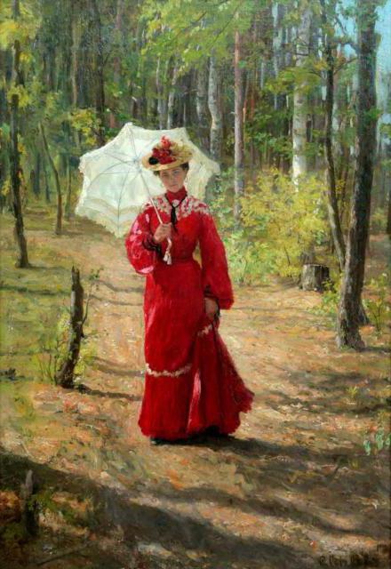 На прогулке, лес, картина, девушка, женщина, живопись, картина, дорога, зонт, прогулка