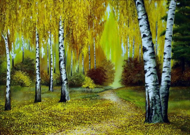 Осень золотая, пейзаж, картина, рисунок, разное, осень, береза