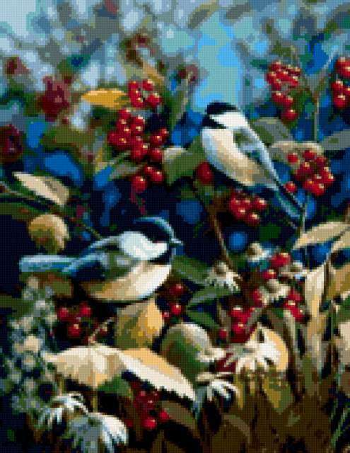 , chickadee, flowers, berries